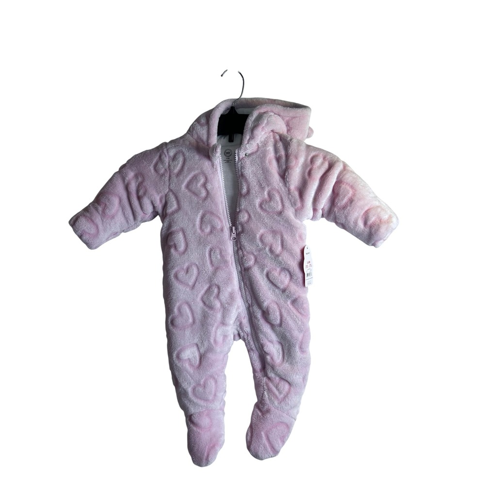 Wonder Nation Pram Suit 3-6M Pink Heart Embossed Plush Hooded Baby Girl